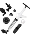 Clear Out Messy Blockages No Sweat With This Rechargeable Electric Plunger Built For Toilets Sinks And Floor Drains Plus An Ergonomic Grip that shows included attachments and durable materials.