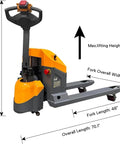 Heavy Duty 3300 Lb Capacity Electric Pallet Jack Truck with 48x27 inch forks, showing lifting height and overall dimensions.