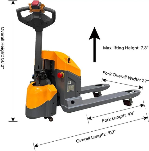Heavy Duty 3300 Lb Capacity Electric Pallet Jack Truck with 48x27 inch forks, showing lifting height and overall dimensions.