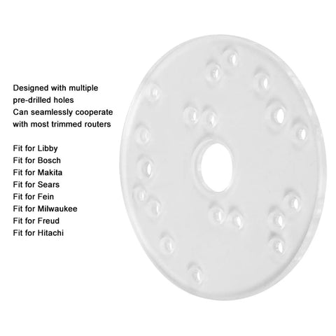 Clear Universal Router Sub Base Plate With Centering Pin And Mounting Screws For Trim Routers, 164mm diameter, acrylic with pre-drilled holes.
