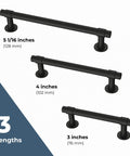 Francisco 10 Pack Cabinet Pulls 3 Inch Center To Center Matte Black Handles shown in three lengths for kitchen cabinets.