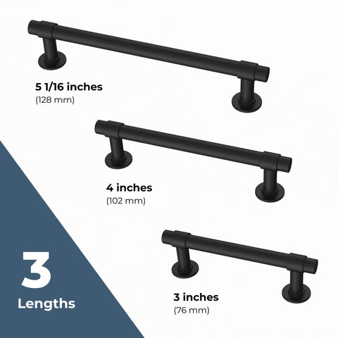 Francisco 10 Pack Cabinet Pulls 3 Inch Center To Center Matte Black Handles shown in three lengths for kitchen cabinets.