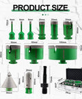 KURSTOL tile hole saw kit, 9-piece diamond core bits (6–100mm) with SDS shank, green case