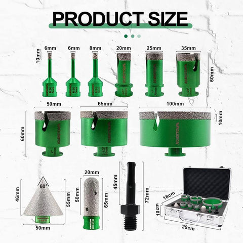 KURSTOL tile hole saw kit, 9-piece diamond core bits (6–100mm) with SDS shank, green case