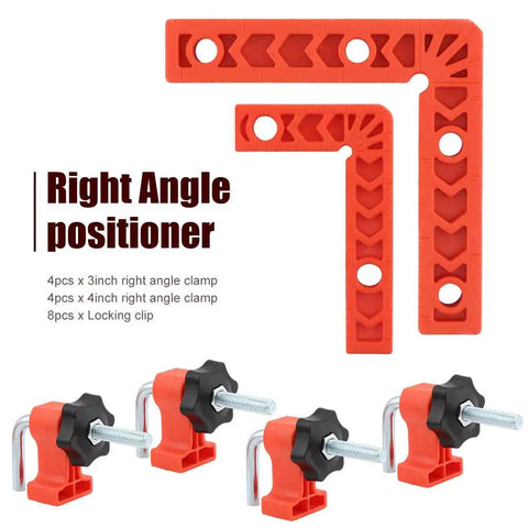 Sixteen Piece Right Angle Clamp Set For Woodworking with 90 Degree Positioning Squares, three and four inch plastic clamps shown