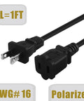 Short Polarized US Two Prong Extension Cord With Dual Outlets, 10A 125V Nema 1 15P To 1 15R, UL Listed, 1ft length view