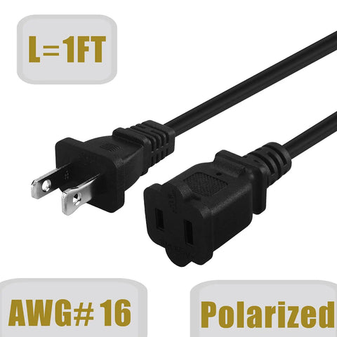 Short Polarized US Two Prong Extension Cord With Dual Outlets, 10A 125V Nema 1 15P To 1 15R, UL Listed, 1ft length view