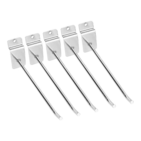 Heavy Duty Slatwall Hooks Pack Of 25 For Retail And Garage Displays 6 Inch Chrome Stainless Steel Hooks with visible upturn