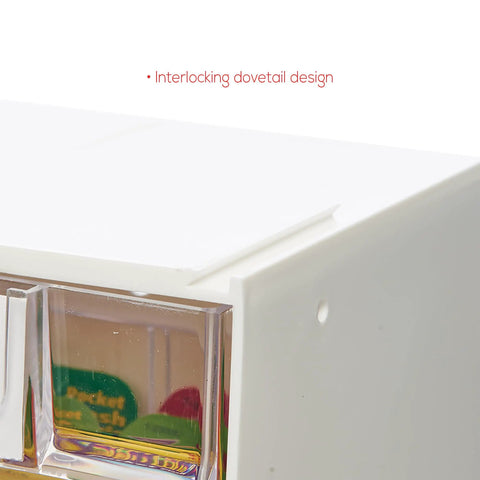 Close-up of the Interlocking Tilt Bin Storage System 6 Bin Unit in Clear and White showing tilt out access and dovetail design.