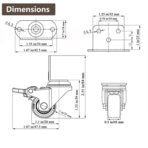 Dimensions of Ultra Smooth One Inch Side Mount Casters With Nifty L Plate Swivel Design, Easy Peasy Screw Setup.