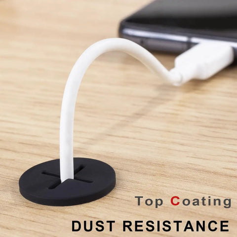 Premium Flexible Silicone Cable Cord Grommet Set 1 Inch Black for desk hole cover with cable passing through on wood surface.