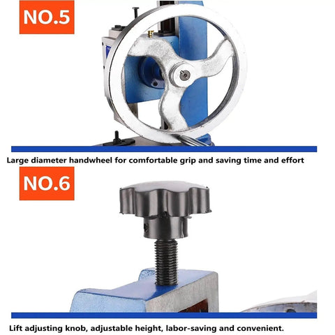 Premium Desktop Manual Arbor Press With Heavy Duty Cast Iron Frame For Precision Stamping Punching And Bearing Installation showing large handwheel and lift adjusting knob.