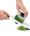 Handheld Mandoline Slicer For Kitchen With Adjustable Slices In 1mm 2.5mm 4mm cutting green bell pepper