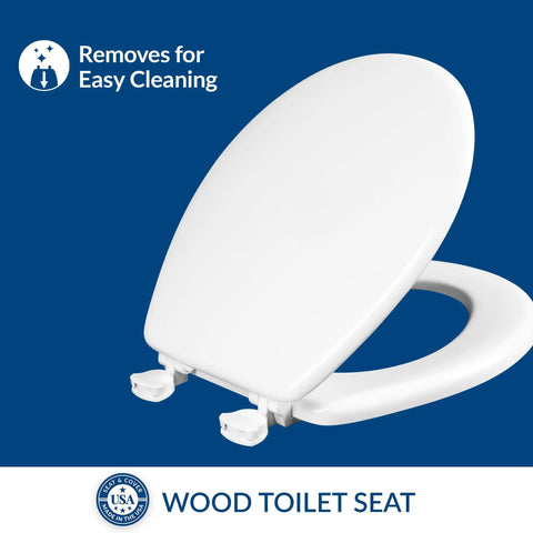 Round White Toilet Seat With Easy Clean Hinges And Durable Wood Construction Quick Release, angled view showing hinges