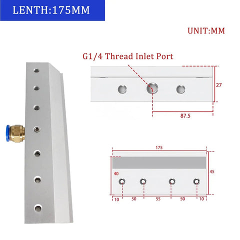 Heavy Duty Aluminum Air Knife Blower With Quarter Inch Port, 175mm length with threaded inlet port for factory dust and water cleanup.