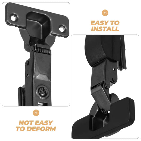 Close-up of black soft close cabinet door hinge with silent damping buffer, concealed flush mount design for kitchen and wardrobe doors.