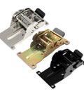 Folding table hinge set with 3 hinges and screws in silver, gold, and black colored zinc finishes for 180-degree folding