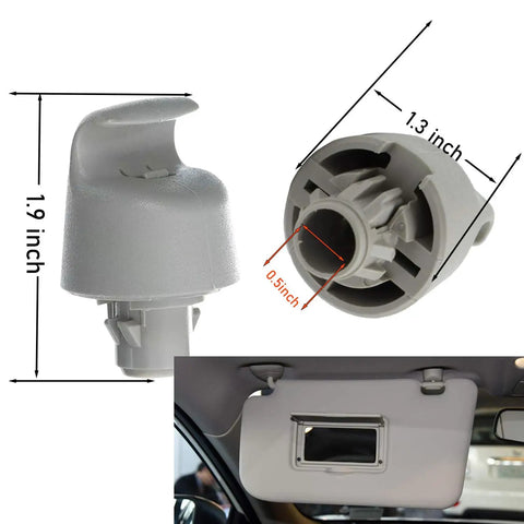 Sun Visor Retainer Clip Set 2 Pack For Nissan Rogue XTrail Altima Murano Pathfinder Teana Titan Quest Infiniti QX56 2004 2020 Durable Clip Bracket Holder Replacement Easy Install showing product dimensions and visor installation.