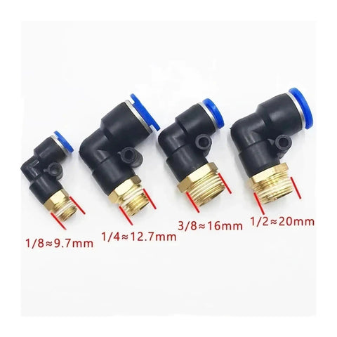 Pneumatic Air Connector Fitting Kit With 10mm 12mm 14mm 16mm Sizes M5 Thread 3/4 Inch And 1/2 Inch Two Way Hose Connectors Pipe Fittings Set 20 Pieces For DIY Projects And Air Lines, brass elbow fittings