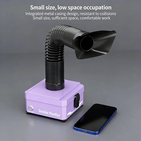Game Changing Desktop Soldering Smoke Absorber With Heavy Duty Carbon Filter And High Suction Fume Extractor in purple, compact design next to smartphone.