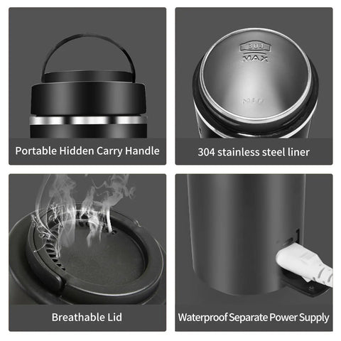 Portable Travel Electric Kettle With Four Temperature Settings 304 Stainless Steel Auto Shut Off 450ml Compact, black handle and lid