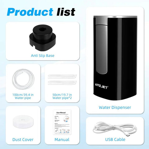 5 Gallon Water Dispenser With Digital Display And USB Powered Pump, Four Dispense Modes For Home Office RV And Camping, Foldable Spout, Food Grade Jug Pump, Portable Hydration On The Go, showing dispenser and accessories.