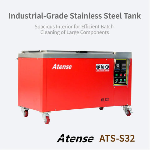Prograde 32 Gallon Industrial Ultrasonic Cleaner With Digital Heater Timer That Blasts Off Grease And Grime On Auto Parts And Shop Tools Built Tough For Daily Hustle, red stainless steel tank with spacious interior.
