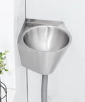 Bathroom Sink Wall-Mounted Corner Bathroom Sink Stainless Steel Round Sink Single with drain hose and plant in view.