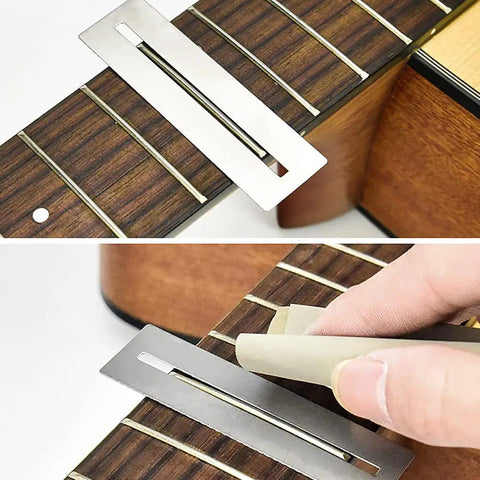 Guitar Luthier Tool Kit Pro Grade with fingerboard guard and sanding paper used on a guitar neck for fret maintenance