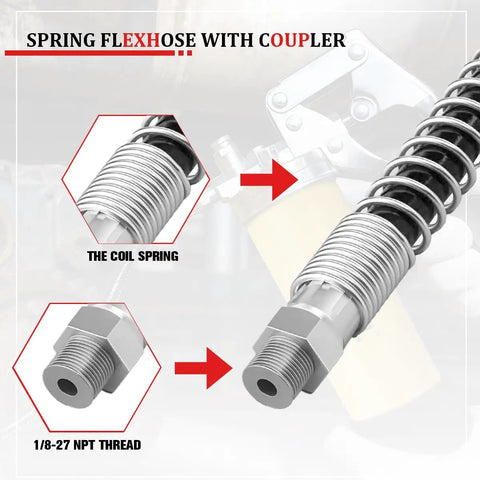 Close-up of Go To 20 Inch Heavy Duty High Pressure Grease Gun Hose Kit With 10000 PSI Nylon Flex Hose One Eighth NPT Threads Coupler Universal