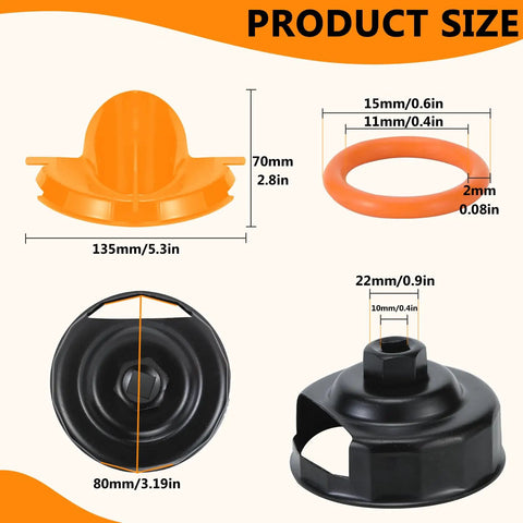 All In One Harley-Davidson Oil Change Kit sizes showing funnel, O-ring, cap wrench, and filter wrench dimensions