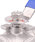 Close-up of 3 Way Ball Valve With T Mounting Pad, Stainless Steel 304, Female 1 Inch NPT Ports For Water Oil And Gas, Vinyl Locking Handle.