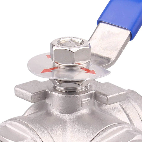 Close-up of 3 Way Ball Valve With T Mounting Pad, Stainless Steel 304, Female 1 Inch NPT Ports For Water Oil And Gas, Vinyl Locking Handle.