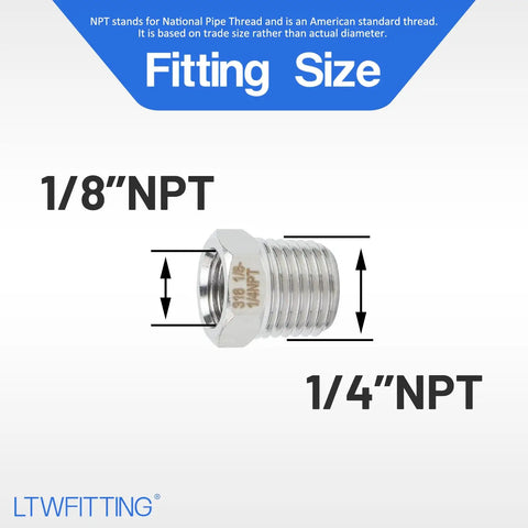 Image of Stainless Steel 316 Hex Bushing Reducer Fittings 1/4 Inch Male to 1/8 Inch Female NPT showcasing size details