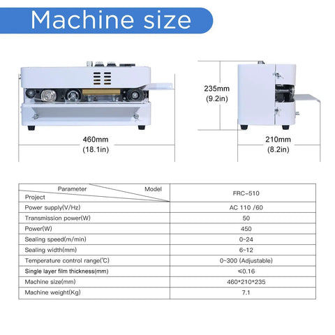 Automatic Continuous Bag Sealing Machine With Digital Temperature Control And Adjustable Speed Desktop Heat Sealer dimensions and specs