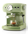Get Your Daily Java Fix With This Dependable Home Espresso Maker And Coffee Machine Featuring Built In Grinder And Creamy Milk Frother Semi Automatic Heat Display For Smooth Barista Level Shots In Fresh Green Finish, showing espresso pouring.