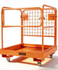 Heavy Duty Forklift Safety Cage Built Like Armor With Nonslip Mesh Deck Measures 36 by 36 Inches Holds Up To 1200 Lbs shown in orange color.