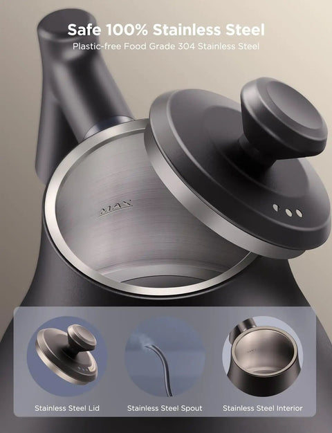 Smart Electric Kettle With WiFi And Alexa Control For Home Baristas, lid and interior view, 100% stainless steel, matte black finish