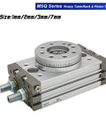 Pneumatic Rotary Cylinder Double Acting Air Table Actuator For Precise Motion Control In Industrial Automation Durable Aluminum Body Compatible With MSQA1A MSQA2A MSQA3A MSQA7A MSQB1A MSQB2A MSQB3A MSQB7A, silver, front angle view, size options.