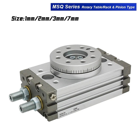 Pneumatic Rotary Cylinder Double Acting Air Table Actuator For Precise Motion Control In Industrial Automation Durable Aluminum Body Compatible With MSQA1A MSQA2A MSQA3A MSQA7A MSQB1A MSQB2A MSQB3A MSQB7A, silver, front angle view, size options.
