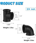 3/4 inch black elbow and tee fittings from the 10 Pack Three Quarters Inch Black Pipe Fittings Elbow And Tee Set For Industrial Diy Steampunk Decor And Shelving Projects Cast Iron Threaded Hardware Great For Diy Rugged Industrial Home Decor And Shelving Units, with dimensions and weight details.