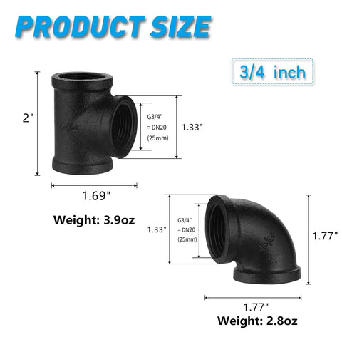 3/4 inch black elbow and tee fittings from the 10 Pack Three Quarters Inch Black Pipe Fittings Elbow And Tee Set For Industrial Diy Steampunk Decor And Shelving Projects Cast Iron Threaded Hardware Great For Diy Rugged Industrial Home Decor And Shelving Units, with dimensions and weight details.
