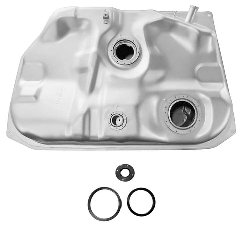 Image of a stainless steel fuel tank kit with straps for Toyota Corolla 1998 1999 direct fit replacement thirteen point two gallon gas tank and strap set included for easy install.