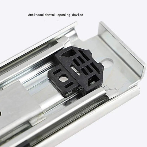 Heavy Duty Ball Bearing Drawer Slides Full Extension Three Section Track Five Hundred Lb Capacity industrial anti-accidental opening device close-up.