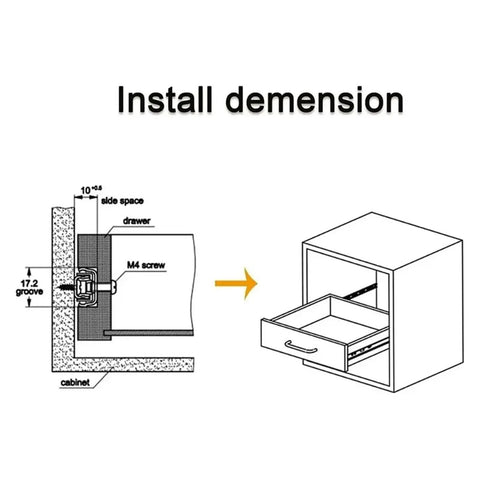 Install dimension illustration for Rock Solid Side Mounted Ball Bearing Drawer Slides Smoother Than Silk Full Extension Metal Runners.