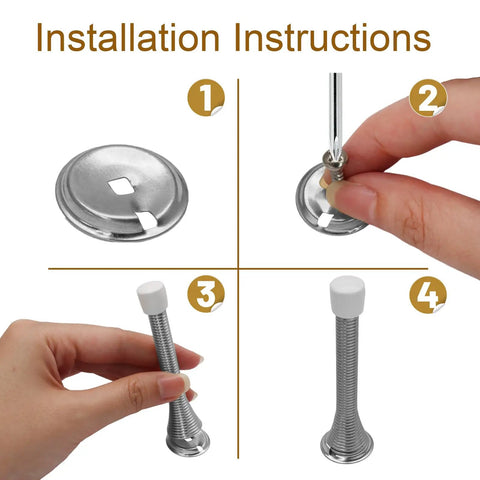 Installation instructions for 12 Pack Silver Door Stoppers With Heavy Duty Steel And Rubber Bumpers For Home, Office And Bathroom, Quiet Wall Protectors That Absorb Impact, Prevent Dents, And Keep Doors From Slamming Down