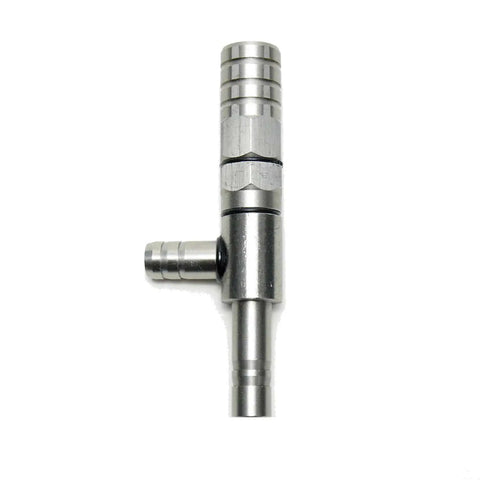 Close-up of stainless steel aspirator pump for lab vacuum systems with hydro aspirators, filter pumps, and ball valve suction tub.