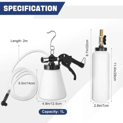 Pneumatic Brake Fluid Bleeder Tool With Four Master Cylinder Adapters 90 To 120 PSI for quick purge, showing 2m hose and 1L capacity bottle
