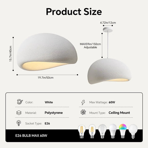 Bennyes Wabi Sabi Pendant Light 19.7 in White Modern Pendant Lights 3 Color Adjustable LED Bulb Include Japanese Ceiling Fixture size details