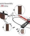 Assembly illustration of 36x84 Inch Spruce Solid Wood Sliding Barn Door Slab in Coffee Finish with 6.6ft hardware kit and handle.